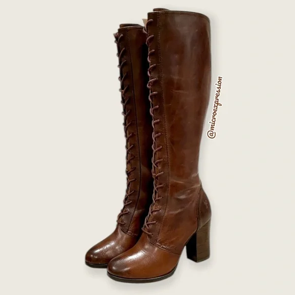 $699 Frye Parker Lace-Up Victorian Brown Leather Tall Bohemian Knee High Boot - Picture 7 of 16